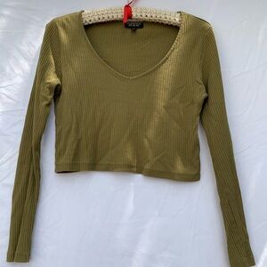 TOP SHOP sage green ribbed, scoop neck long sleeve crop top